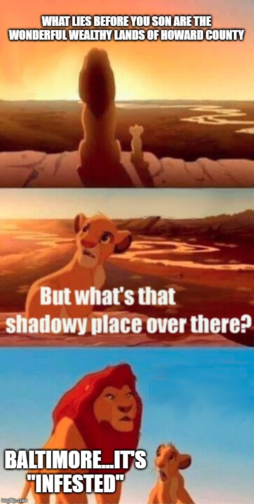 What City Doesn't Have Problems? | WHAT LIES BEFORE YOU SON ARE THE WONDERFUL WEALTHY LANDS OF HOWARD COUNTY; BALTIMORE...IT'S "INFESTED" | image tagged in memes,simba shadowy place | made w/ Imgflip meme maker