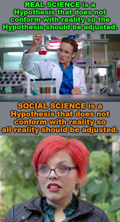 All this Social Science is a sham. | REAL SCIENCE is a Hypothesis that does not conform with reality so the Hypothesis should be adjusted. SOCIAL SCIENCE is a Hypothesis that does not conform with reality so all reality should be adjusted. | image tagged in science,social justice,expectation vs reality,political meme | made w/ Imgflip meme maker