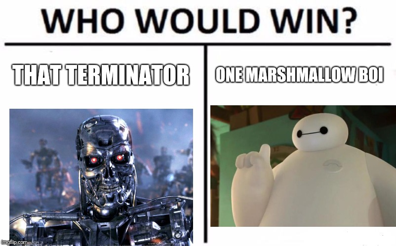Who Would Win? Meme | THAT TERMINATOR ONE MARSHMALLOW BOI | image tagged in memes,who would win | made w/ Imgflip meme maker