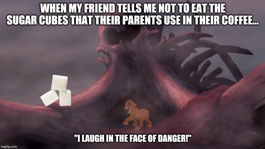 Simba the crafty | WHEN MY FRIEND TELLS ME NOT TO EAT THE SUGAR CUBES THAT THEIR PARENTS USE IN THEIR COFFEE... "I LAUGH IN THE FACE OF DANGER!" | image tagged in i laugh in the face of danger,lion king,simba,friends,sugar,dessert | made w/ Imgflip meme maker