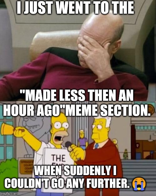 No more memes ? | I JUST WENT TO THE; "MADE LESS THEN AN HOUR AGO"MEME SECTION. WHEN SUDDENLY I COULDN'T GO ANY FURTHER. 😭 | image tagged in memes,captain picard facepalm,homer simpson the end is near | made w/ Imgflip meme maker