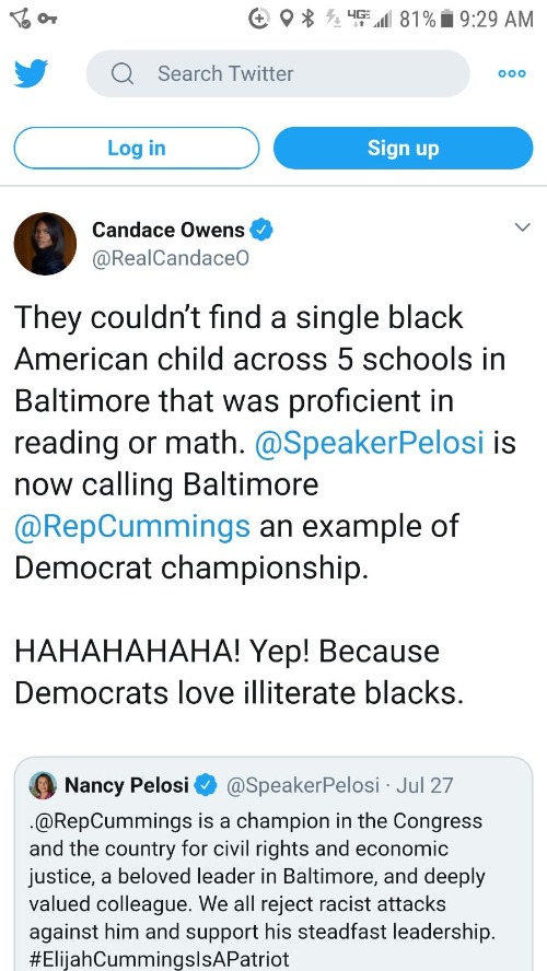 Candace Owens' tweet Reply to Nancy Pelosi on Elijah Cummings | image tagged in candace owens,tweet,nancy pelosi is crazy,elijah cummings,liberal hypocrisy,stupid liberals | made w/ Imgflip meme maker