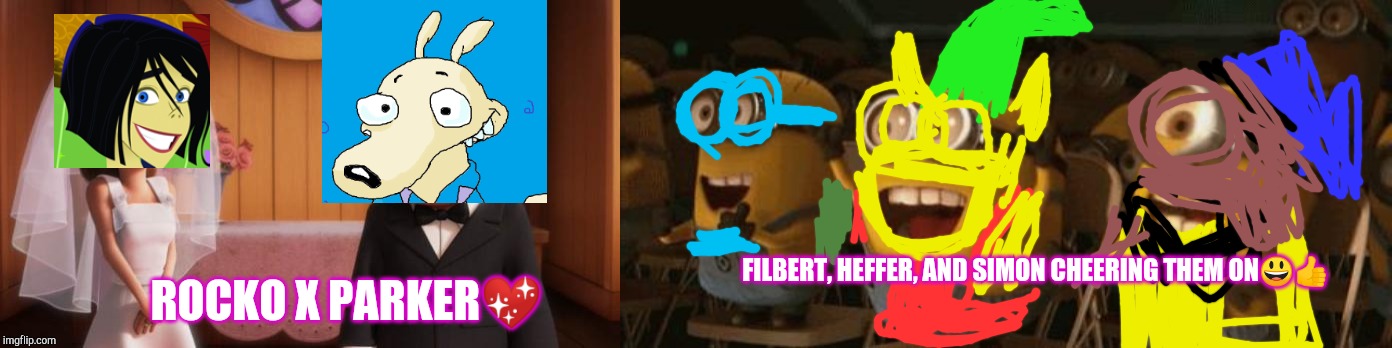 FILBERT, HEFFER, AND SIMON CHEERING THEM ON😃👍; ROCKO X PARKER💖 | image tagged in wedding,cheering minions | made w/ Imgflip meme maker