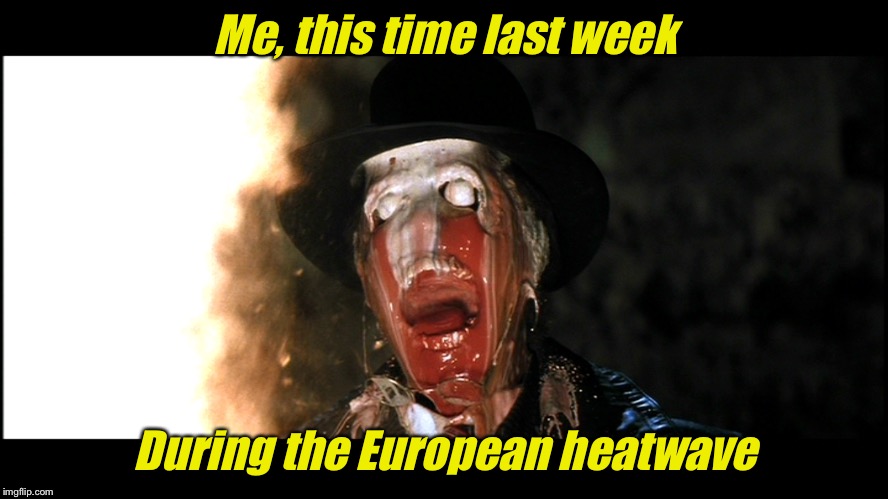 Indiana Jones Face Melt | Me, this time last week; During the European heatwave | image tagged in indiana jones face melt | made w/ Imgflip meme maker