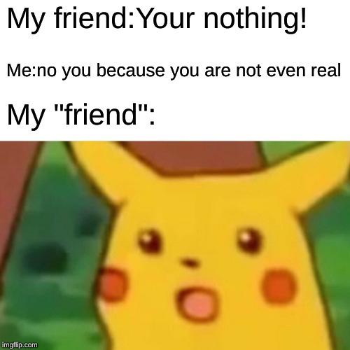 Surprised Pikachu | My friend:Your nothing! Me:no you because you are not even real; My "friend": | image tagged in memes,surprised pikachu | made w/ Imgflip meme maker