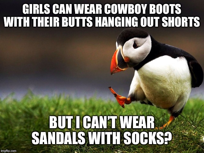 Socks and sandals forever | GIRLS CAN WEAR COWBOY BOOTS WITH THEIR BUTTS HANGING OUT SHORTS; BUT I CAN’T WEAR SANDALS WITH SOCKS? | image tagged in unpopular opinion puffin,socks and sandals,cowboy boots | made w/ Imgflip meme maker