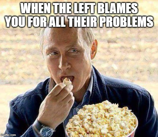 WHEN THE LEFT BLAMES YOU FOR ALL THEIR PROBLEMS | image tagged in putin popcorn | made w/ Imgflip meme maker