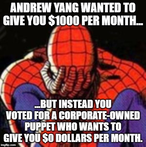 Sad Spiderman | ANDREW YANG WANTED TO GIVE YOU $1000 PER MONTH... ...BUT INSTEAD YOU VOTED FOR A CORPORATE-OWNED PUPPET WHO WANTS TO GIVE YOU $0 DOLLARS PER MONTH. | image tagged in memes,sad spiderman,spiderman | made w/ Imgflip meme maker