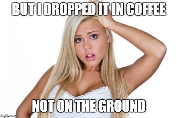 Dumb Blonde | BUT I DROPPED IT IN COFFEE NOT ON THE GROUND | image tagged in dumb blonde | made w/ Imgflip meme maker