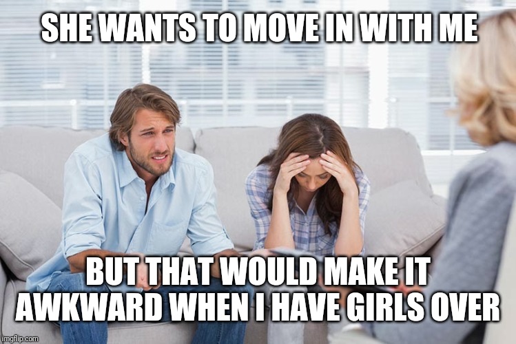 couples therapy | SHE WANTS TO MOVE IN WITH ME; BUT THAT WOULD MAKE IT AWKWARD WHEN I HAVE GIRLS OVER | image tagged in couples therapy | made w/ Imgflip meme maker