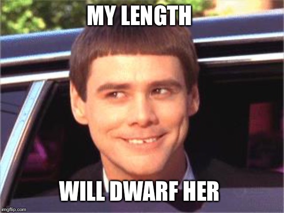 jim carey | MY LENGTH WILL DWARF HER | image tagged in jim carey | made w/ Imgflip meme maker