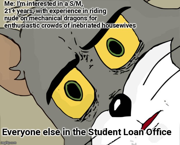 Unsettled Tom Meme | Me: I'm interested in a S/M, 21+ years, with experience in riding nude on mechanical dragons for enthusiastic crowds of inebriated housewives; Everyone else in the Student Loan Office | image tagged in memes,unsettled tom,humor | made w/ Imgflip meme maker