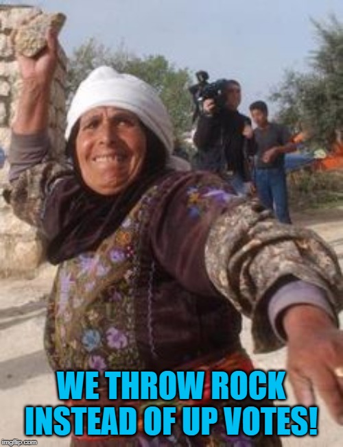 Throwing rocks | WE THROW ROCK INSTEAD OF UP VOTES! | image tagged in throwing rocks | made w/ Imgflip meme maker