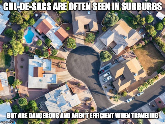 Cul-De-Sac | CUL-DE-SACS ARE OFTEN SEEN IN SURBURBS; BUT ARE DANGEROUS AND AREN'T EFFICIENT WHEN TRAVELING | image tagged in cul de sac,memes,dead end,road | made w/ Imgflip meme maker
