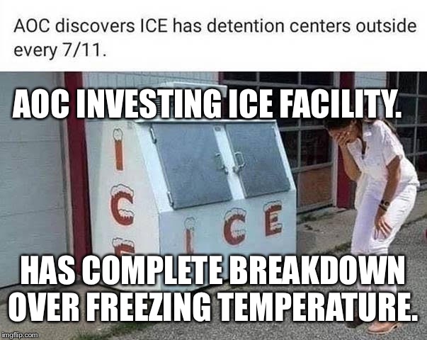 AOC INVESTING ICE FACILITY. HAS COMPLETE BREAKDOWN OVER FREEZING TEMPERATURE. | image tagged in politics | made w/ Imgflip meme maker