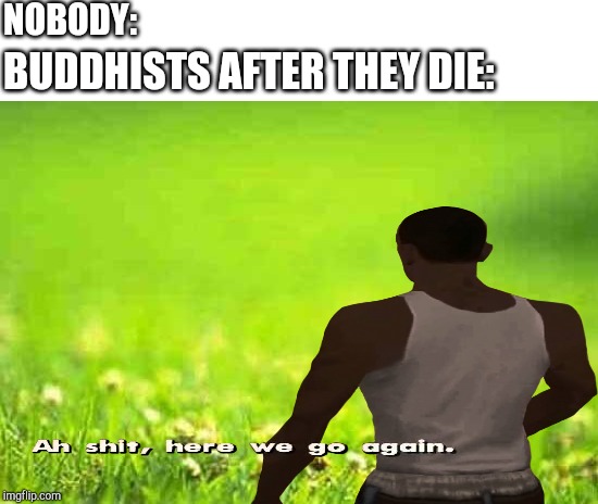 NOBODY:; BUDDHISTS AFTER THEY DIE: | image tagged in green background | made w/ Imgflip meme maker