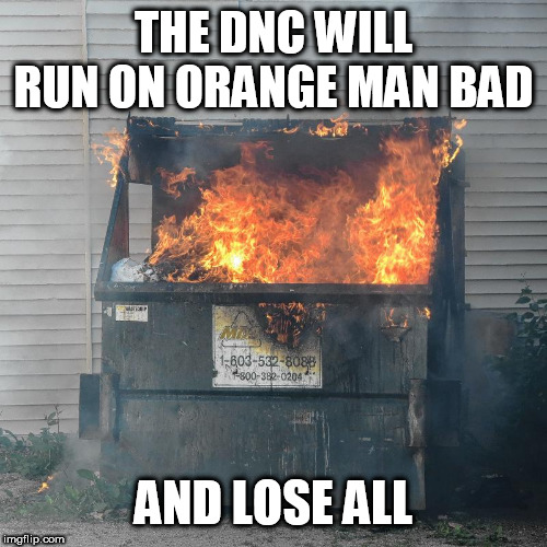 Dumpster fire DNC  | THE DNC WILL RUN ON ORANGE MAN BAD; AND LOSE ALL | image tagged in dumpster fire dnc | made w/ Imgflip meme maker
