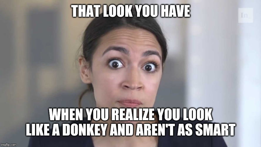 AOC Stumped | THAT LOOK YOU HAVE; WHEN YOU REALIZE YOU LOOK LIKE A DONKEY AND AREN'T AS SMART | image tagged in aoc stumped | made w/ Imgflip meme maker