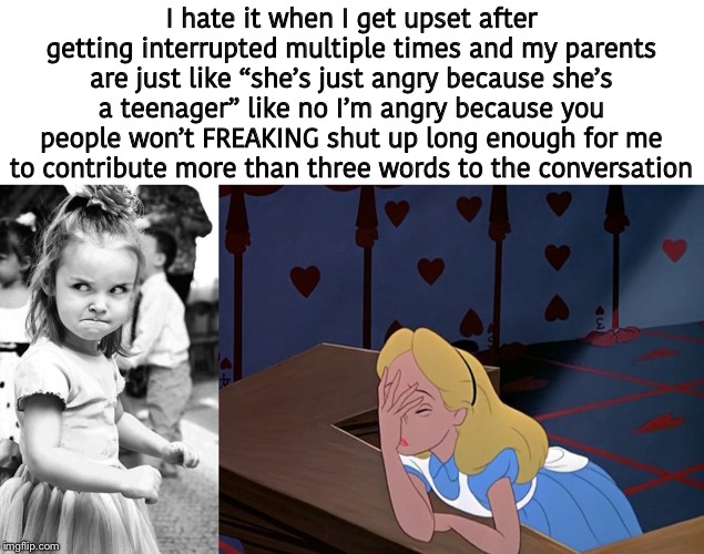 I can’t make this on the proper platform for the format so :P(Also I don’t even know what website that would be) | I hate it when I get upset after getting interrupted multiple times and my parents are just like “she’s just angry because she’s a teenager” like no I’m angry because you people won’t FREAKING shut up long enough for me to contribute more than three words to the conversation | image tagged in memes,angry toddler,alice in wonderland face palm facepalm,shy | made w/ Imgflip meme maker
