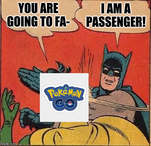 i PlAy PoKeMoN gO eVeRyDaY | YOU ARE GOING TO FA-; I AM A PASSENGER! | image tagged in memes,batman slapping robin,pokemon go | made w/ Imgflip meme maker