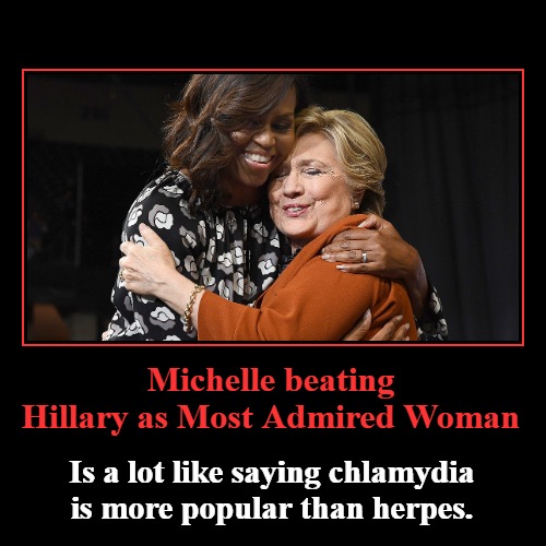 Michelle Obama beating Hillary as Most Admired Woman | Michelle beating Hillary as Most Admired Woman | Is a lot like saying chlamydia is more popular than herpes. | image tagged in funny,demotivationals,michelle obama,hillary clinton,chlamydia,herpes | made w/ Imgflip demotivational maker