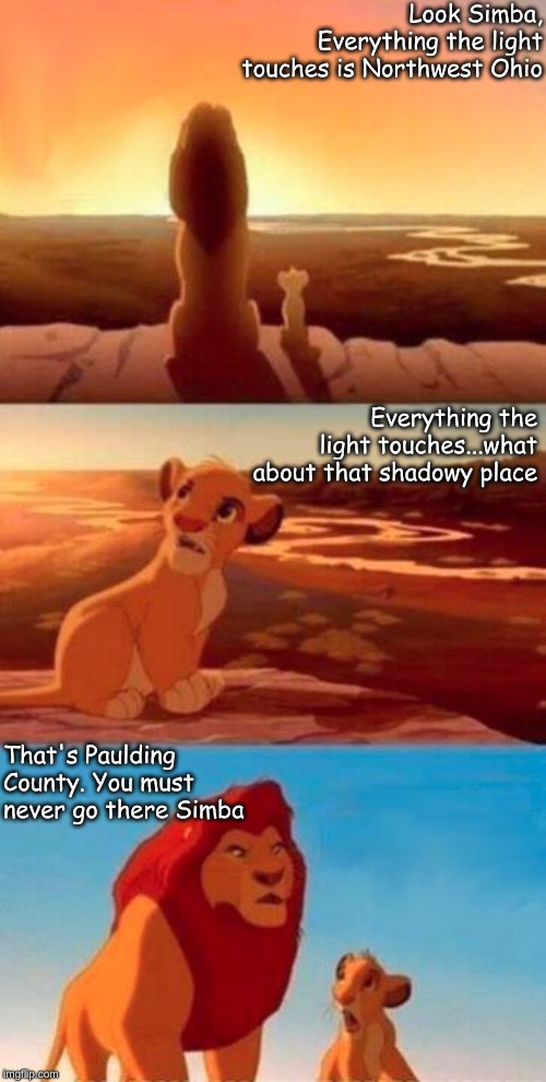 Everything the Light Touches | Look Simba, Everything the light touches is Northwest Ohio; Everything the light touches...what about that shadowy place; That's Paulding County. You must never go there Simba | image tagged in everything the light touches | made w/ Imgflip meme maker