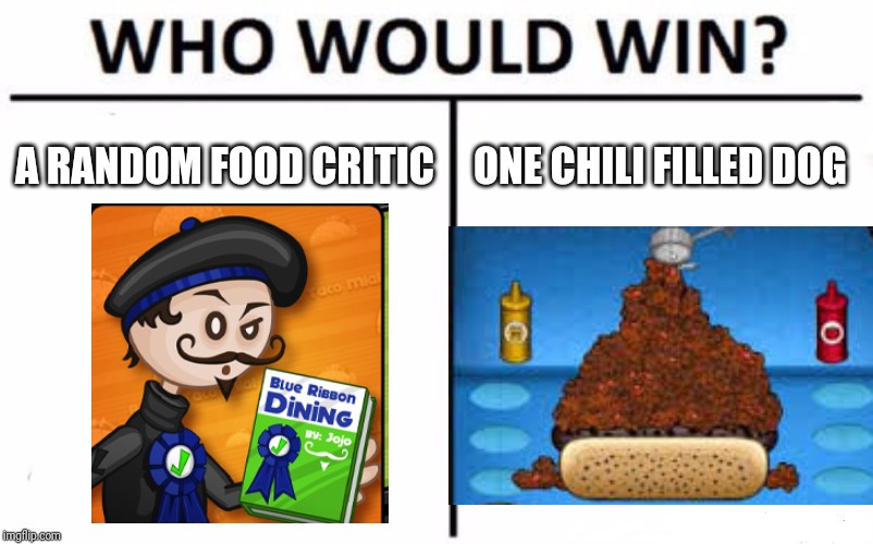 Who Would Win? Meme | A RANDOM FOOD CRITIC; ONE CHILI FILLED DOG | image tagged in memes,who would win,papa louie,hot doggeria,chili,flipline studios | made w/ Imgflip meme maker
