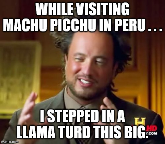 Ancient Aliens Meme | WHILE VISITING MACHU PICCHU IN PERU . . . I STEPPED IN A LLAMA TURD THIS BIG. | image tagged in memes,ancient aliens | made w/ Imgflip meme maker