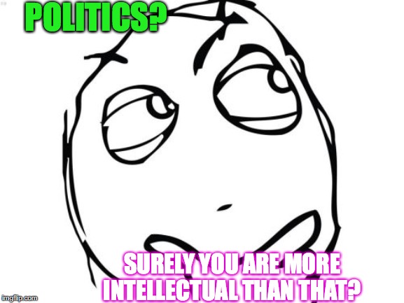 Question Rage Face | POLITICS? SURELY YOU ARE MORE INTELLECTUAL THAN THAT? | image tagged in memes,question rage face | made w/ Imgflip meme maker