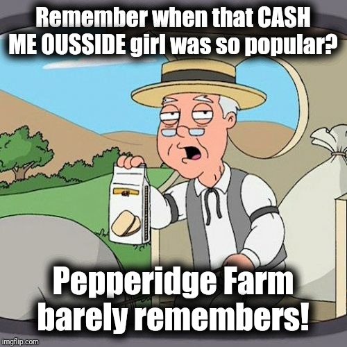 Where the heck did she disappear to? | Remember when that CASH ME OUSSIDE girl was so popular? Pepperidge Farm barely remembers! | image tagged in memes,pepperidge farm remembers | made w/ Imgflip meme maker