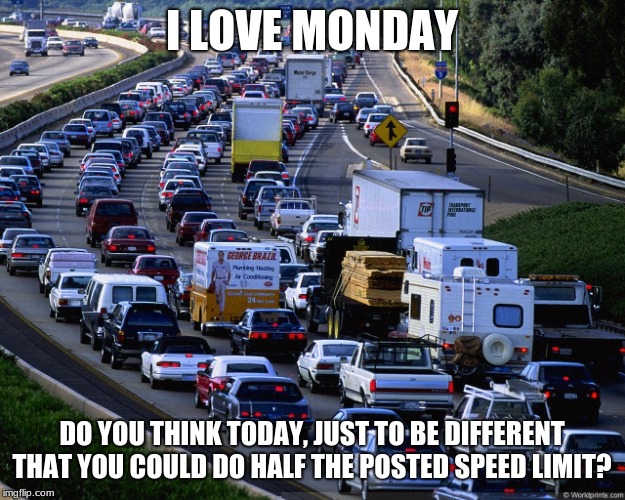 Yes, we do it on purpose | I LOVE MONDAY; DO YOU THINK TODAY, JUST TO BE DIFFERENT THAT YOU COULD DO HALF THE POSTED SPEED LIMIT? | image tagged in traffic jam,i love monday,slow down and enjoy the ride,yes you are going to be late,tell you boss about the wreak you saw on the | made w/ Imgflip meme maker