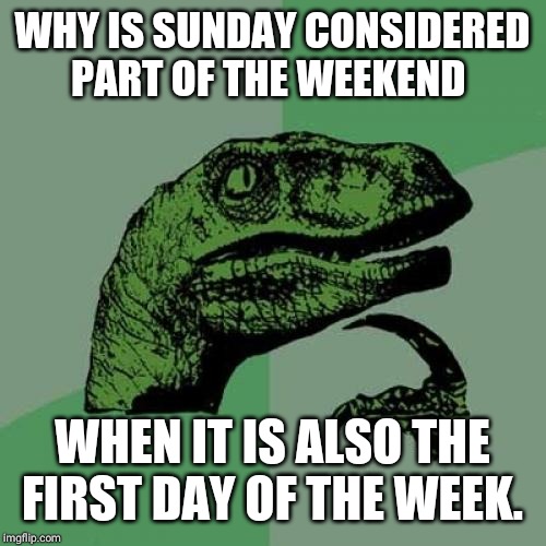 Philosoraptor Meme | WHY IS SUNDAY CONSIDERED PART OF THE WEEKEND; WHEN IT IS ALSO THE FIRST DAY OF THE WEEK. | image tagged in memes,philosoraptor | made w/ Imgflip meme maker