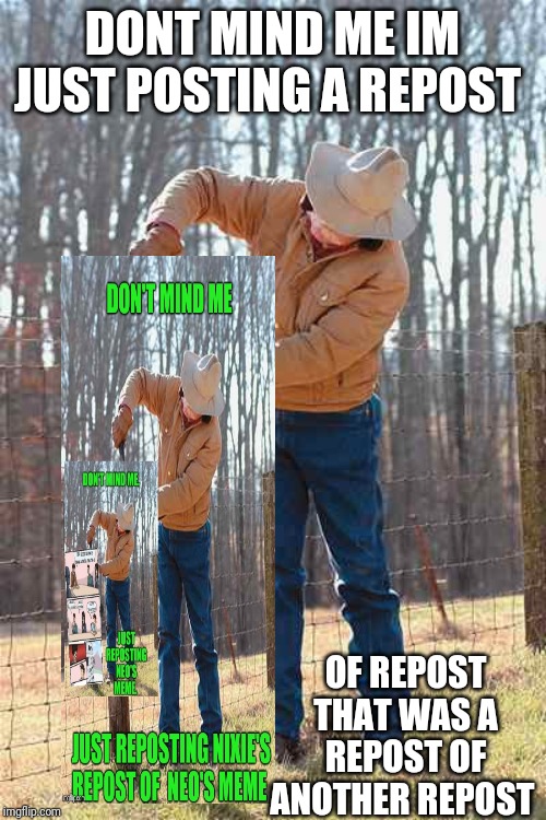 repost |  DONT MIND ME IM JUST POSTING A REPOST; OF REPOST THAT WAS A REPOST OF ANOTHER REPOST | image tagged in repost | made w/ Imgflip meme maker