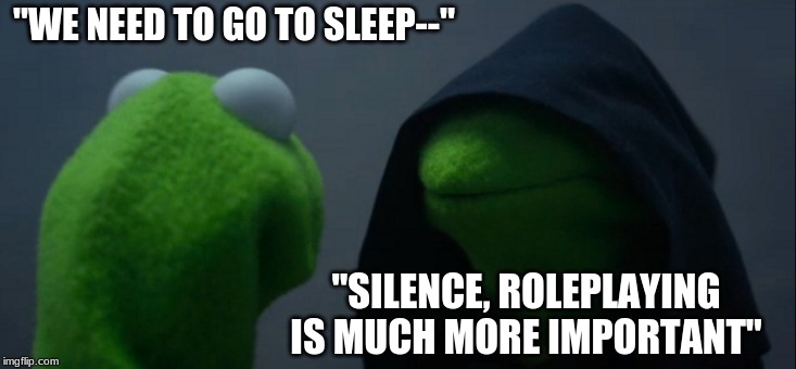 Evil Kermit | "WE NEED TO GO TO SLEEP--"; "SILENCE, ROLEPLAYING IS MUCH MORE IMPORTANT" | image tagged in memes,evil kermit | made w/ Imgflip meme maker