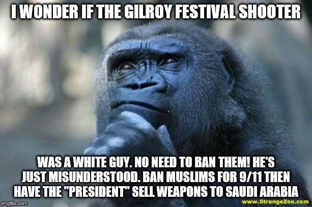 Deep Thoughts | I WONDER IF THE GILROY FESTIVAL SHOOTER; WAS A WHITE GUY. NO NEED TO BAN THEM! HE'S JUST MISUNDERSTOOD. BAN MUSLIMS FOR 9/11 THEN HAVE THE "PRESIDENT" SELL WEAPONS TO SAUDI ARABIA | image tagged in deep thoughts | made w/ Imgflip meme maker