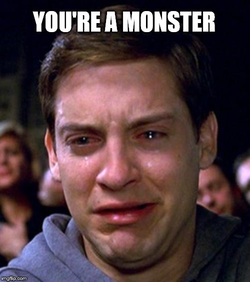 crying peter parker | YOU'RE A MONSTER | image tagged in crying peter parker | made w/ Imgflip meme maker