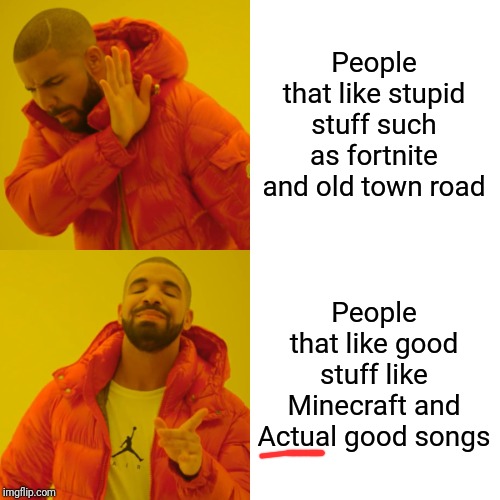 Drake Hotline Bling | People that like stupid stuff such as fortnite and old town road; People that like good stuff like Minecraft and Actual good songs | image tagged in memes,drake hotline bling | made w/ Imgflip meme maker