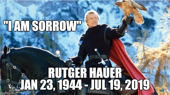 Rest In Peace Dear Gentle Knight Navarre | "I AM SORROW"; RUTGER HAUER; JAN 23, 1944 - JUL 19, 2019 | image tagged in lady,hawk,actor,rest in peace,heaven,memes | made w/ Imgflip meme maker