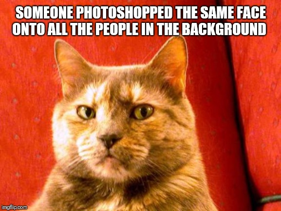 Suspicious Cat Meme | SOMEONE PHOTOSHOPPED THE SAME FACE ONTO ALL THE PEOPLE IN THE BACKGROUND | image tagged in memes,suspicious cat | made w/ Imgflip meme maker
