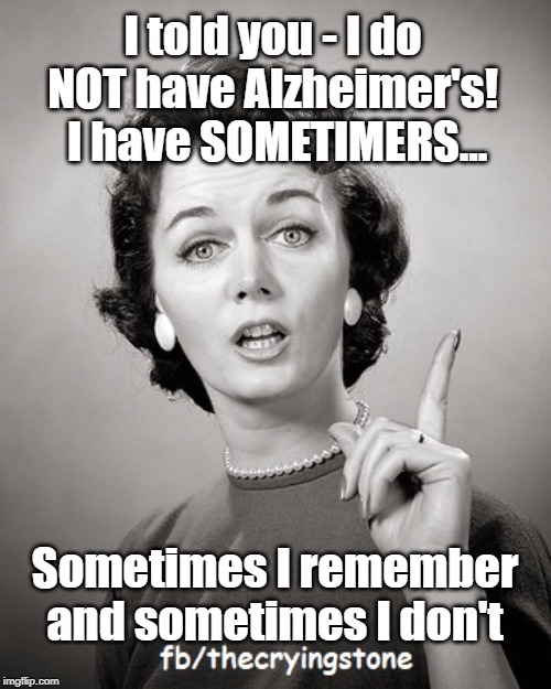 I told you - I do NOT have Alzheimer's!  I have SOMETIMERS... Sometimes I remember and sometimes I don't | image tagged in alzheimer's,sometimes | made w/ Imgflip meme maker