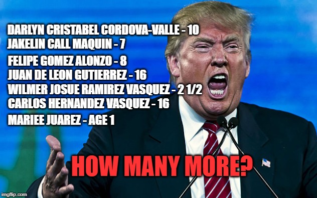 DARLYN CRISTABEL CORDOVA-VALLE - 10
JAKELIN CALL MAQUIN - 7; FELIPE GOMEZ ALONZO - 8
JUAN DE LEON GUTIERREZ - 16; WILMER JOSUE RAMIREZ VASQUEZ - 2 1/2
CARLOS HERNANDEZ VASQUEZ - 16; MARIEE JUAREZ - AGE 1; HOW MANY MORE? | made w/ Imgflip meme maker