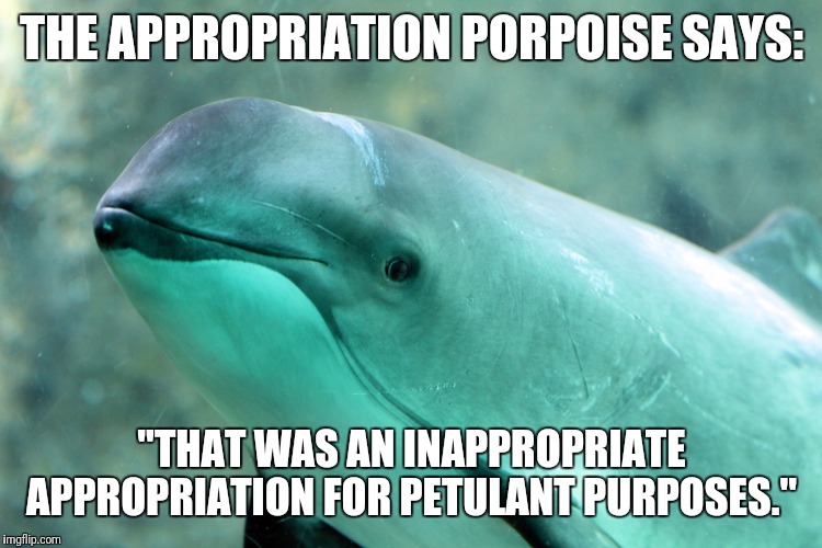 Appropriating porpoises for my purposes. | THE APPROPRIATION PORPOISE SAYS:; "THAT WAS AN INAPPROPRIATE APPROPRIATION FOR PETULANT PURPOSES." | image tagged in porpoise,cultural appropriation,meow | made w/ Imgflip meme maker