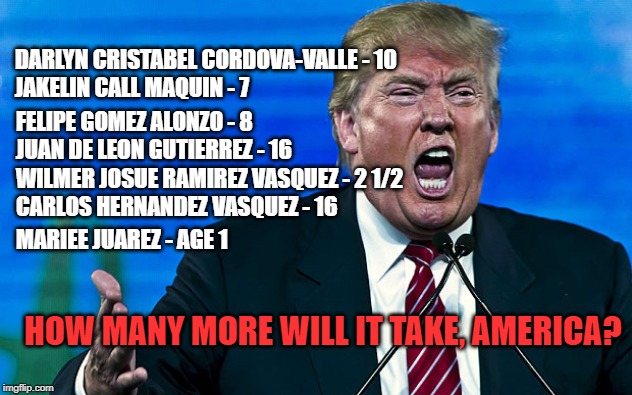 DARLYN CRISTABEL CORDOVA-VALLE - 10
JAKELIN CALL MAQUIN - 7; FELIPE GOMEZ ALONZO - 8
JUAN DE LEON GUTIERREZ - 16; WILMER JOSUE RAMIREZ VASQUEZ - 2 1/2
CARLOS HERNANDEZ VASQUEZ - 16; MARIEE JUAREZ - AGE 1; HOW MANY MORE WILL IT TAKE, AMERICA? | made w/ Imgflip meme maker