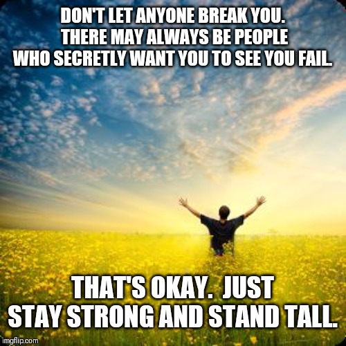 Here's today's quote!  Have a great day y'all lol | DON'T LET ANYONE BREAK YOU.  THERE MAY ALWAYS BE PEOPLE WHO SECRETLY WANT YOU TO SEE YOU FAIL. THAT'S OKAY.  JUST STAY STRONG AND STAND TALL. | image tagged in inspirational1 | made w/ Imgflip meme maker