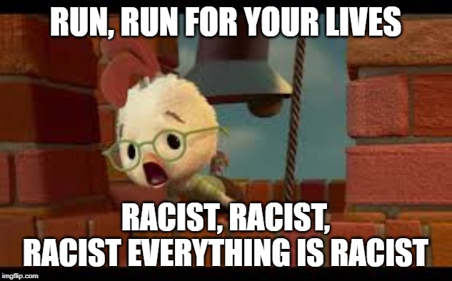 chicken | RUN, RUN FOR YOUR LIVES; RACIST, RACIST, RACIST EVERYTHING IS RACIST | image tagged in chicken | made w/ Imgflip meme maker