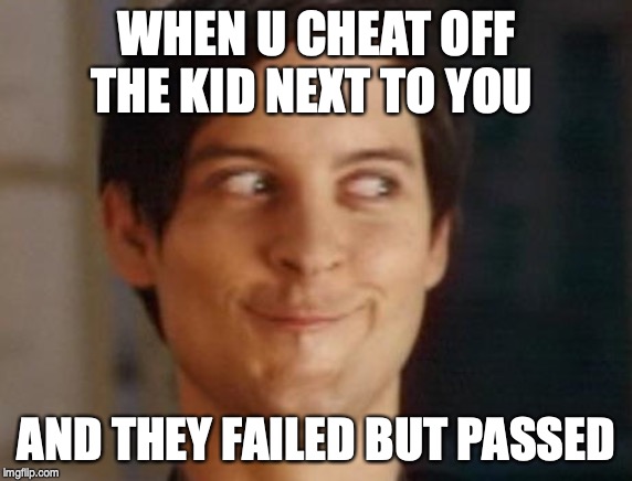 Spiderman Peter Parker | WHEN U CHEAT OFF THE KID NEXT TO YOU; AND THEY FAILED BUT PASSED | image tagged in memes,spiderman peter parker | made w/ Imgflip meme maker