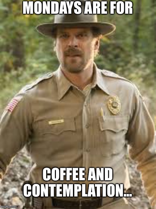 Jim Hopper | MONDAYS ARE FOR; COFFEE AND CONTEMPLATION... | image tagged in jim hopper | made w/ Imgflip meme maker