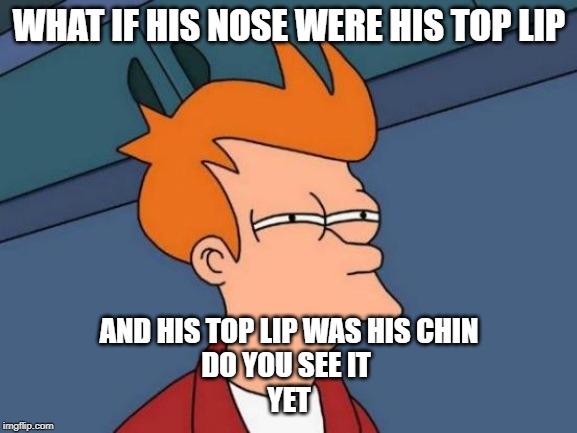 Futurama Fry | WHAT IF HIS NOSE WERE HIS TOP LIP; AND HIS TOP LIP WAS HIS CHIN
DO YOU SEE IT 
YET | image tagged in memes,futurama fry | made w/ Imgflip meme maker