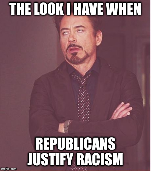 Face You Make Robert Downey Jr Meme | THE LOOK I HAVE WHEN REPUBLICANS JUSTIFY RACISM | image tagged in memes,face you make robert downey jr | made w/ Imgflip meme maker