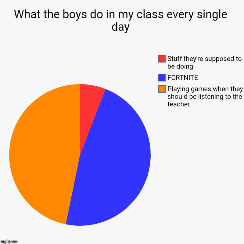 What the boys do in my class every single day | Playing games when they should be listening to the teacher, FORTNITE, Stuff they're supposed | image tagged in charts,pie charts | made w/ Imgflip chart maker